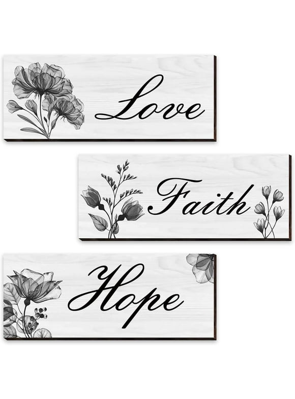 3 Pieces Flower Wall Decor Inspirational Wall Art Living Room Decor Wooden Hanging Wall Decors Pictures Faith Hope Love Sign Art Wall Decor (Black)