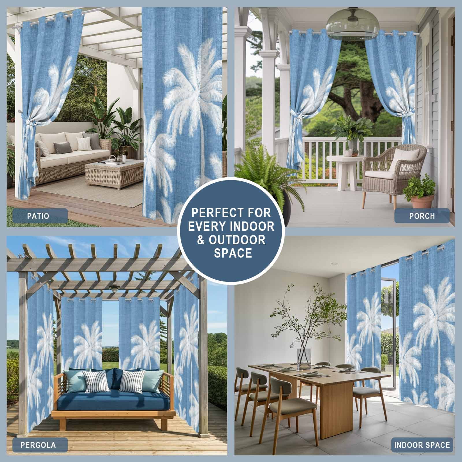 Blue Palm Trees Outdoor Curtains for Patio, Summer Beach Tropical Farmhouse Sunshade Privacy Drapes Grommet Waterproof Outside Curtains for Porch/Cabana/Balcony 54"x 108", 1 Panel