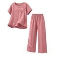 thumbnail image 4 of Ynynloco 2 Piece Cotton Linen Outfits for Women Casual Tracksuit Short Sleeve Tops And Wide Leg Long Pants Matching Lounge Sets, 4 of 8