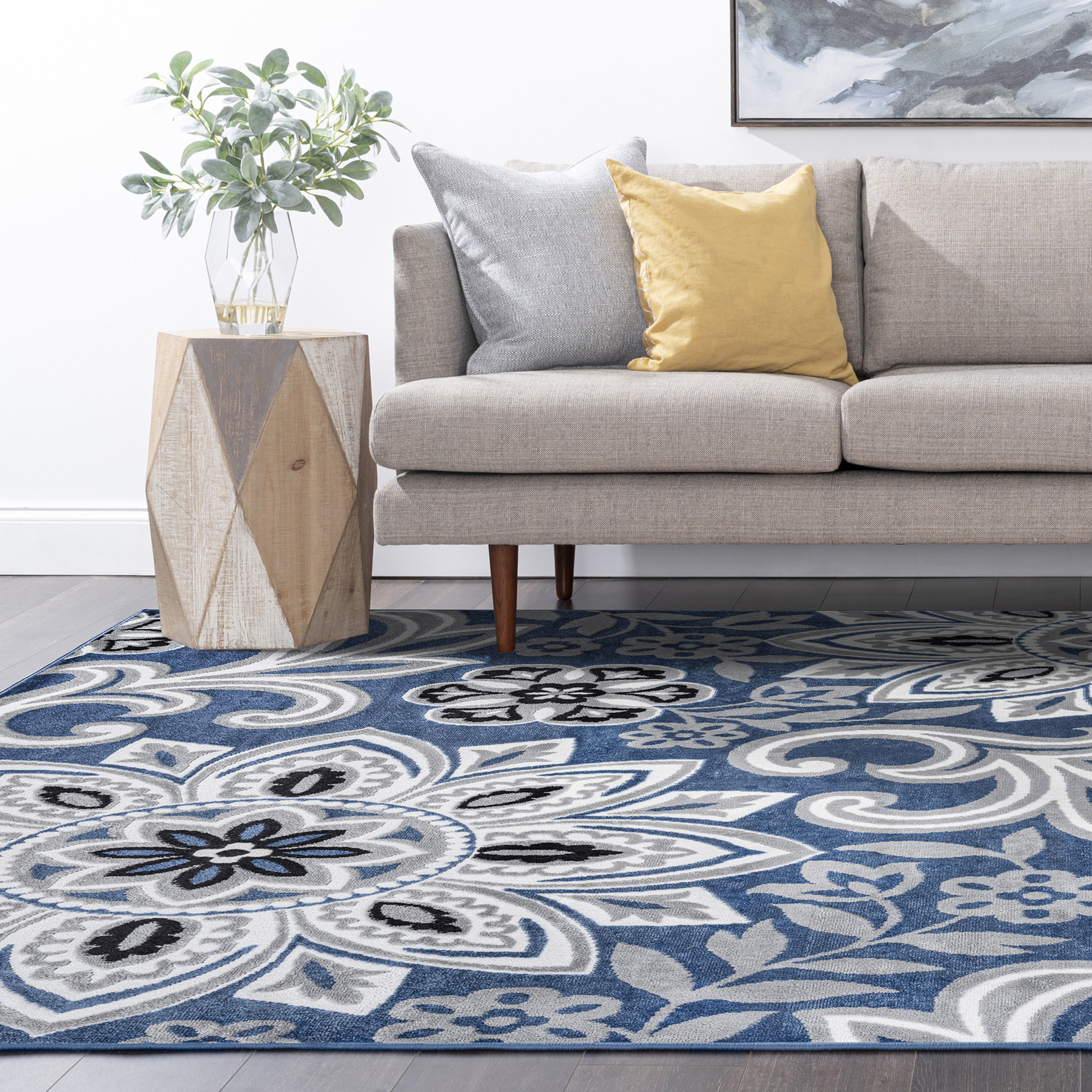 Transitional 9x12 Area Rug (8'10'' x 12'2'') Floral Blue, White Living Room Easy to Clean