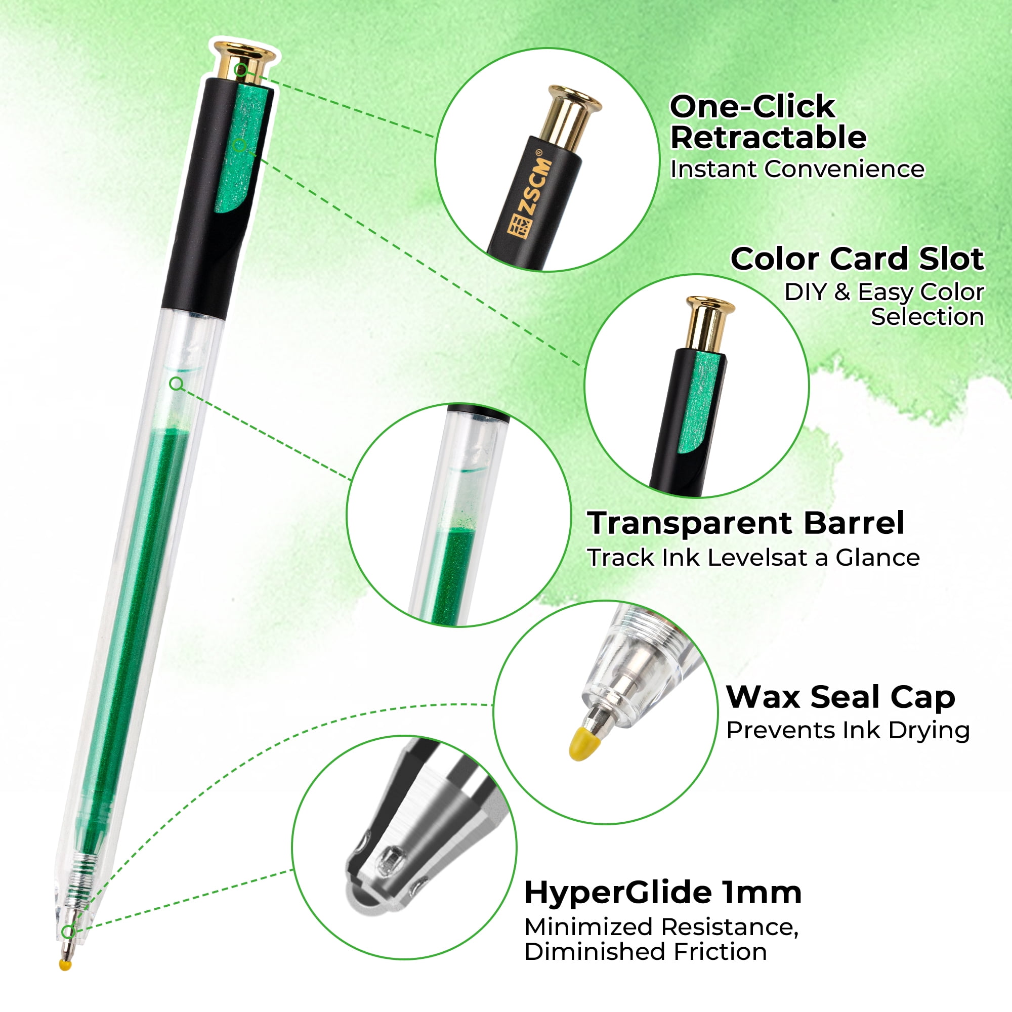 Retractable Glitter Gel Pens, 12 Colors Large Capacity Green Glitter Metallic Gel Ink Pen for Adult Coloring Book Note Taking Aesthetic Art Supplies