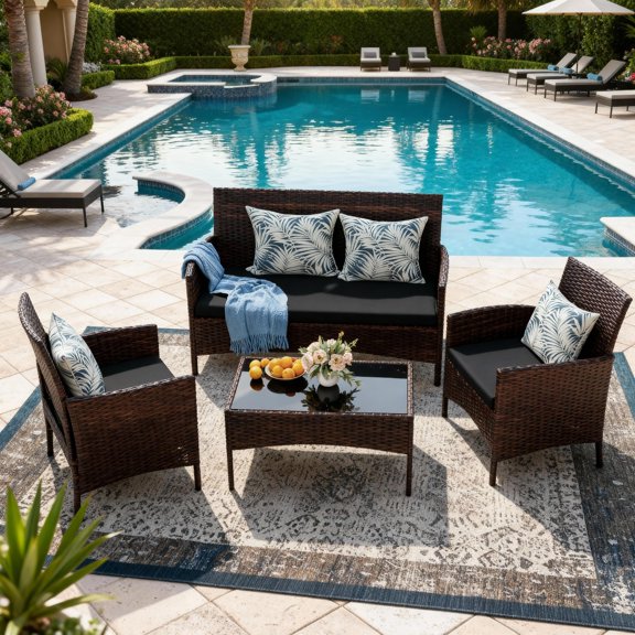HOYOA 4 Pieces Patio Furniture Set, Patio Conversation Set Outdoor PE Rattan Wicker Chairs Set and Table,Brown/Gray