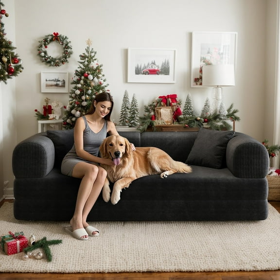 CKEASEAN 4-in-1 Corduroy Convertible Sleeper Sofa Bed, 78.8" Boneless Couch with Pull-Out Bed, No Assembly Required, Fixed-Shape Frame, Floor Sofa Modular Futon Couch for Living Room/Apartment