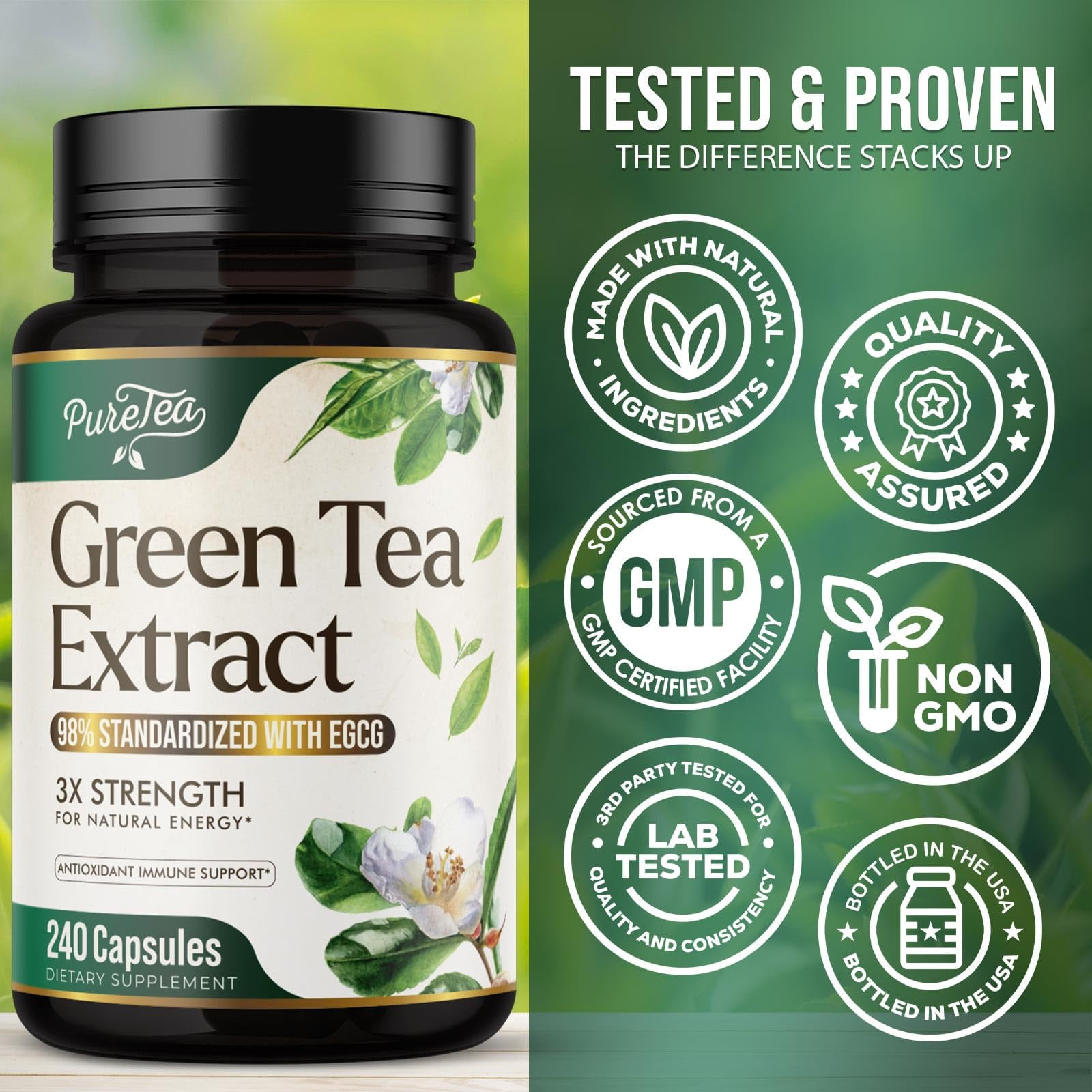 Green Tea Extract 1000mg Per Serving - 98% Polyphenols & 45% EGCG Capsules, Heart Support with Antioxidants - 3X Absorption Green Tea Pills Supplement, Natural Energy, Gentle Caffeine - 240 Capsules
