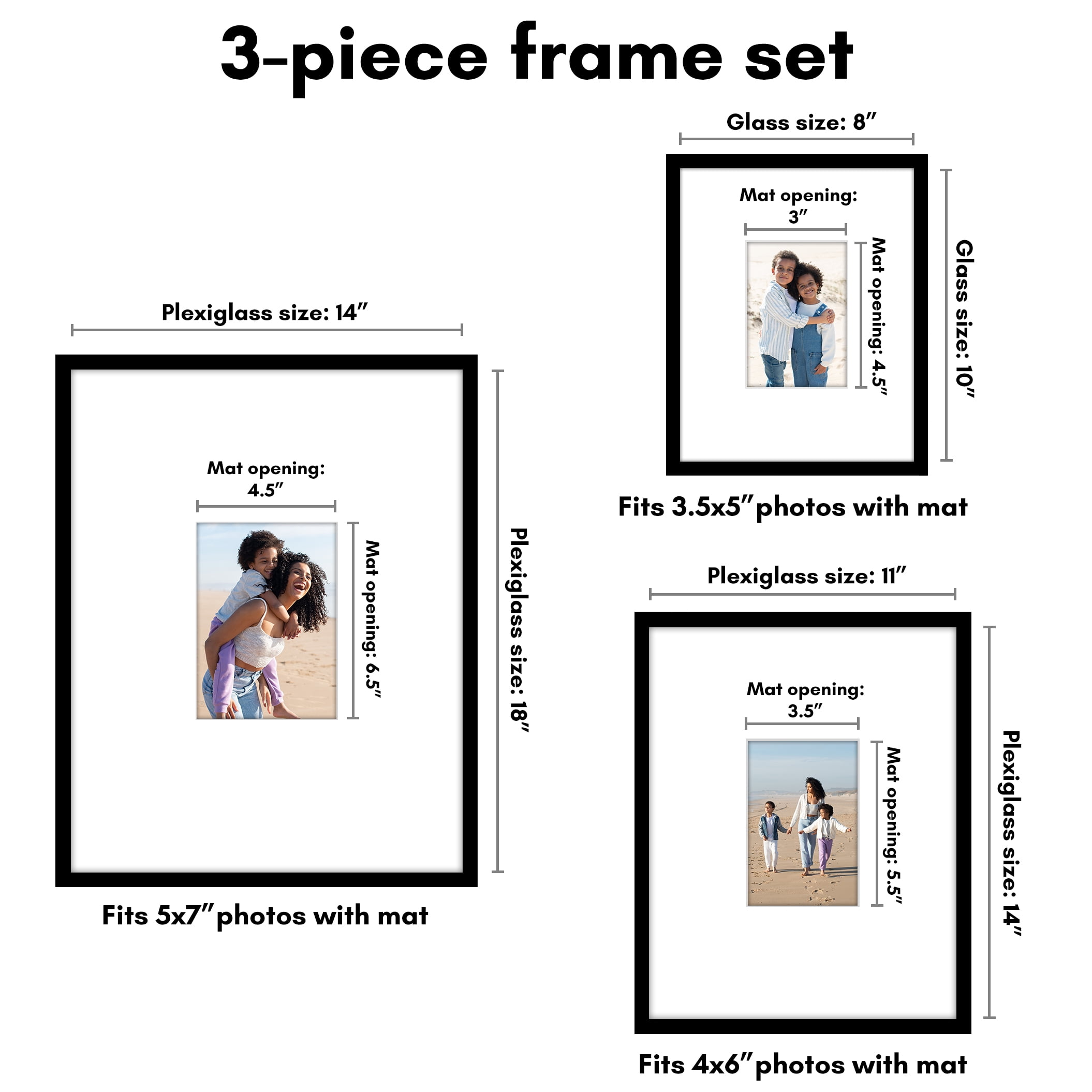 Americanflat Set of 3 Picture Frames Gallery Wall Frame 1 with 14x18 with 5x7 Mat 1 with 8x10 with 3.5x5 Mat 1 with 11x14 with 4x6 Mat - Black