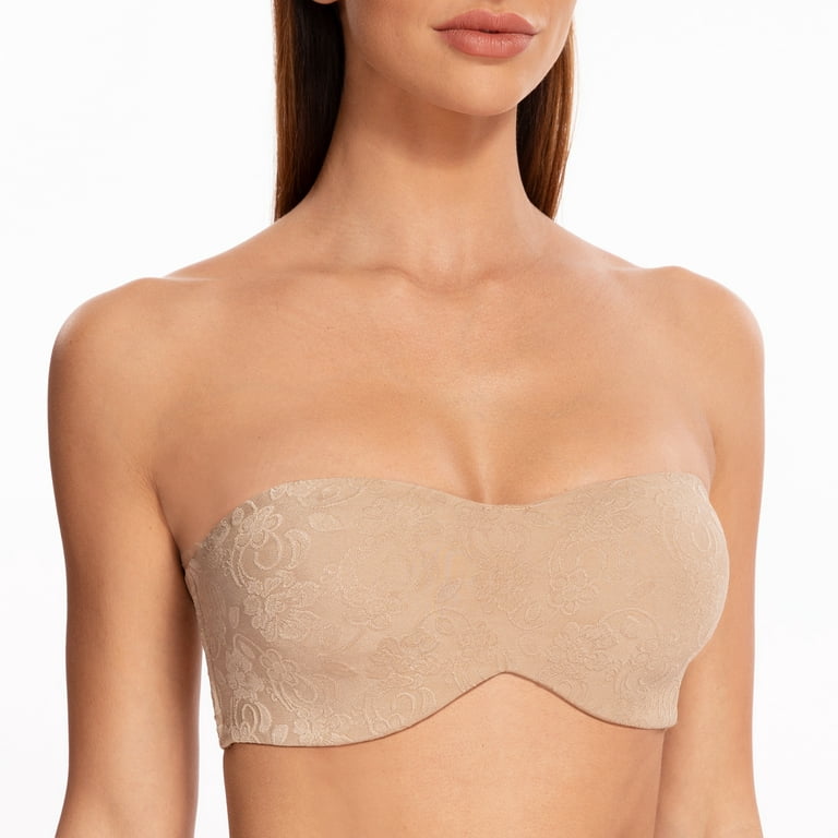MELENECA Women's Unlined Strapless Bra with Underwire Minimizer for Large  Busts Seamless Jacquard Fabric Beige 34E