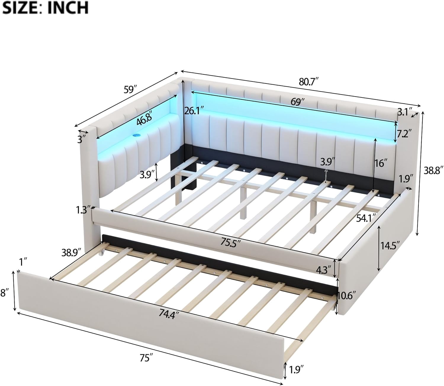 AISWORD Full Size Daybed with Trundle and L-Shaped Bookshelf Headboard, Upholstered Soft Corner Bed with Storage Shelves, Charging Station and LED Belt, White