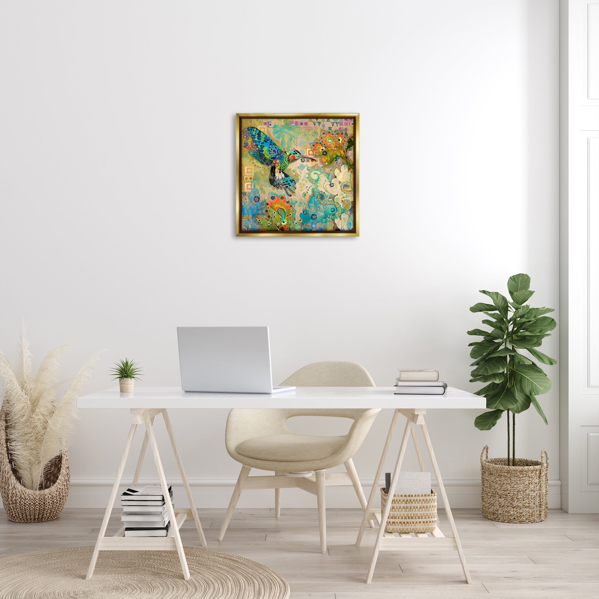 Stupell Industries Boho Hummingbird Pattern Animals & Insects Painting Gold Floater Framed Canvas Art Print Wall Art, 25 x 25