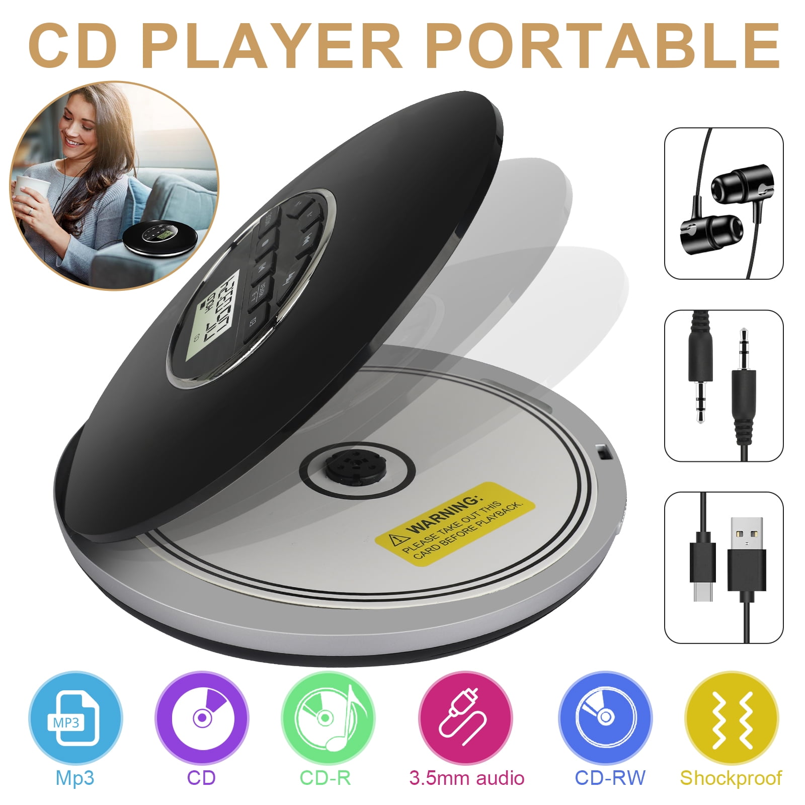 Small Compact Disc CD with In-Car 3.5mm Aux Cable compatibility Bluetooth Portable Personal CD Player 12 hr Battery & Shockproof & Music,Gift for Kids & Adults & Students