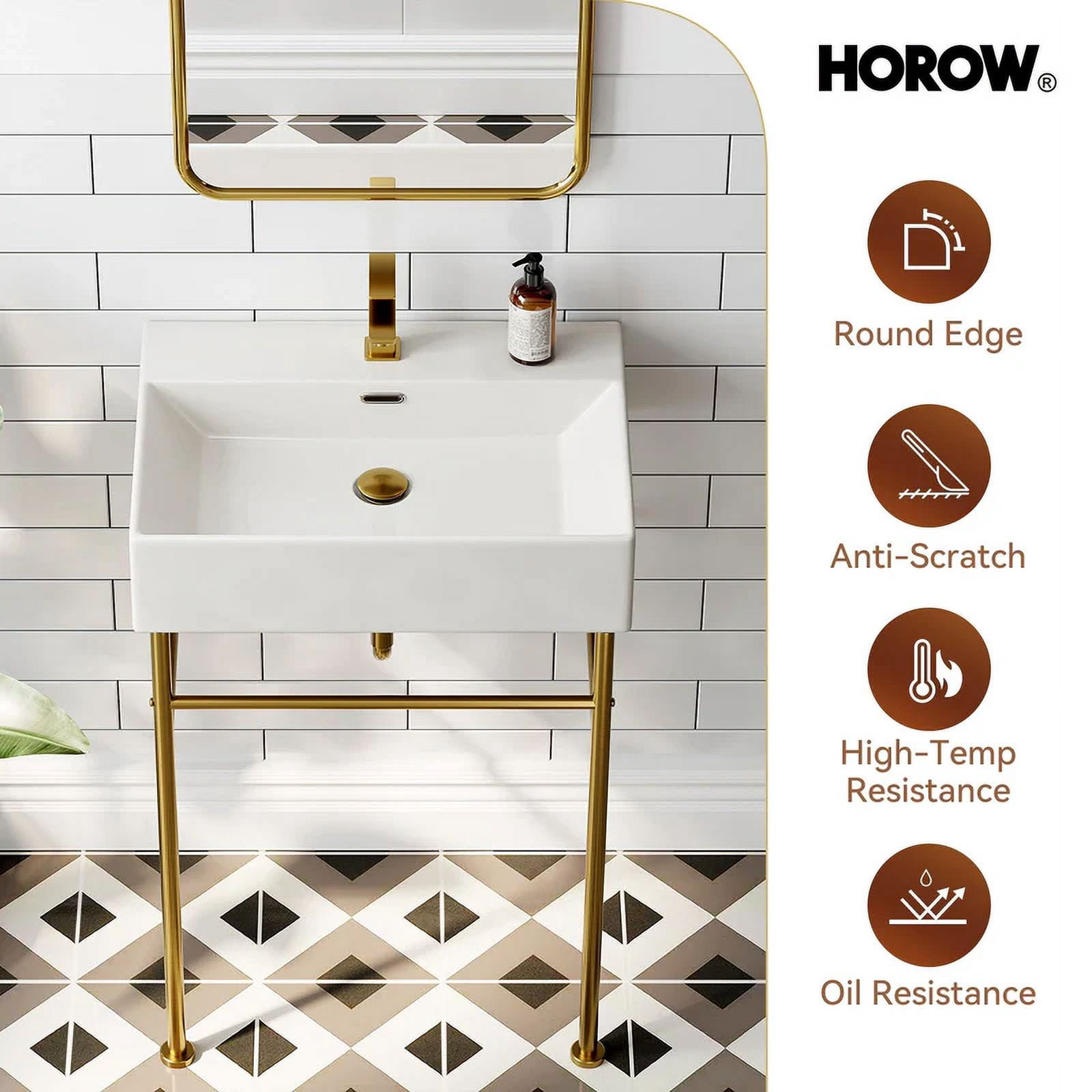 HOROW 24" Console Bathroom Sink,Free Standing 30 Inch Stainless Steel Support Pedestal Legs, Gold