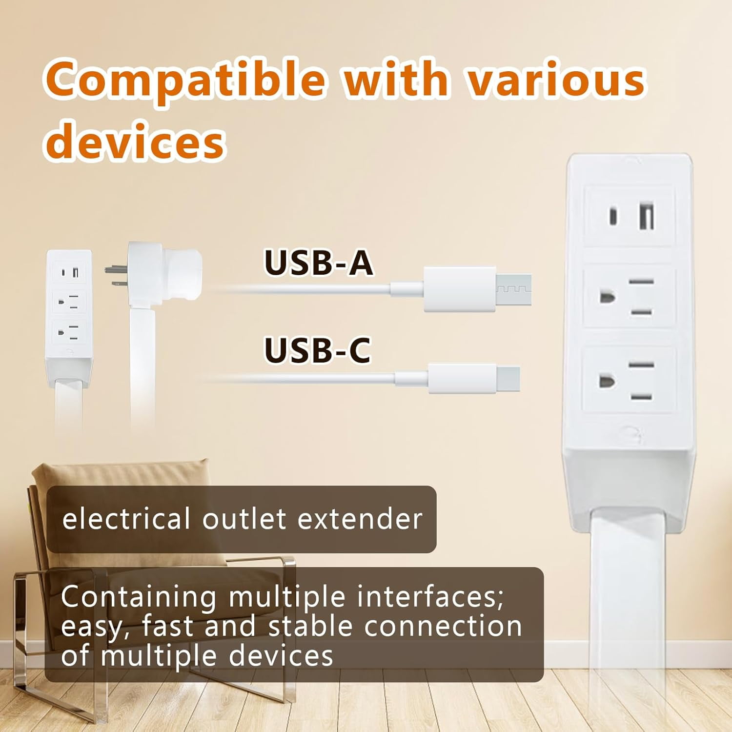 2 Pack Power Socket Expander, Rotatable 180° Electrical Outlet Extender, Access Hard-to-Reach Outlets, Features USB-A, USB-C and 2 AC outlets, Extends 22" - 34". Suitable for Sofa, Nightstand, Desk