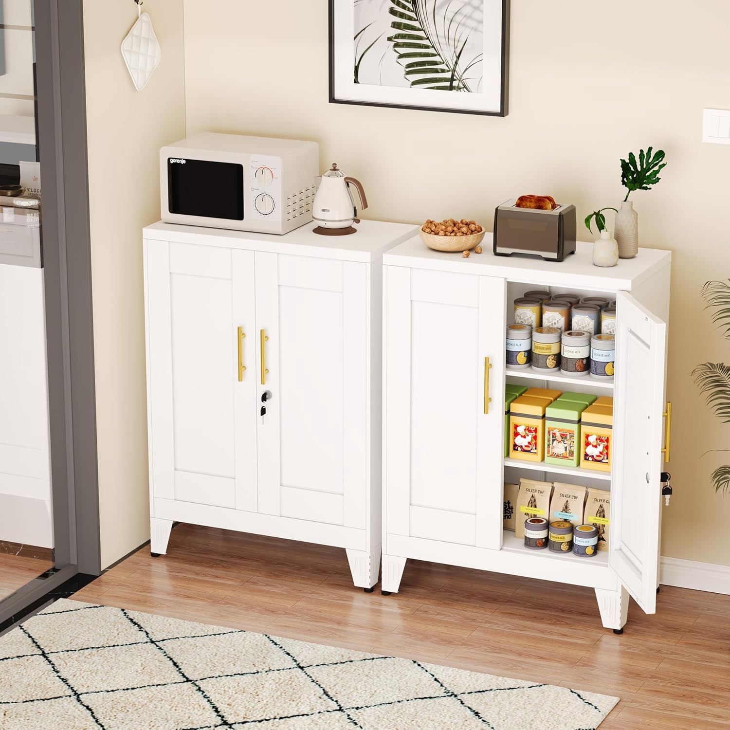 LEHOME 36" White Floor Storage Cabinet, Locked Metal Storage Cabinets with 2 Doors and 2 Adjustable Shelves, Sideboard Buffet Cabient, Freestanding Cabinet for Home/Office/Garage/Tool Room/Bathroom