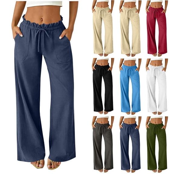 Miluxas Women's Paperbag Waist Wide Leg Pants Solid Color High Waist Drawstring Work Casual Trousers with Pockets for Vacation Travel White