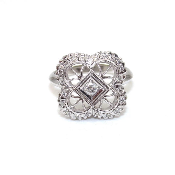 Vintage Floral Halo Engagement Ring, Art Deco Solitaire Wedding Ring, Filigree Pave Set Women's Ring, Minimal Poposal Anniversary Ring, 2.2 Ct Simulated Round Cut Diamond, 14K White Gold Plated