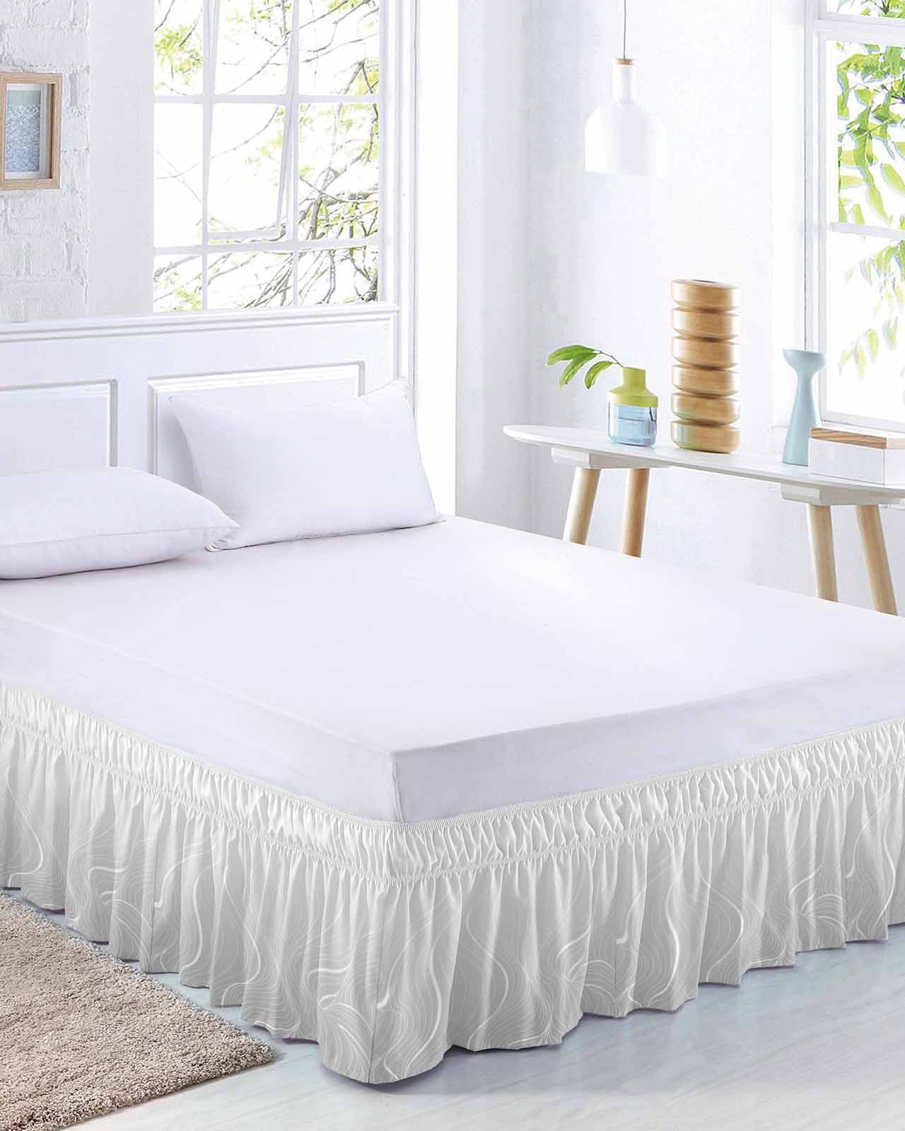 Grey Geometric Wrap Around Bed Skirts for Queen Bed 18" Drop,Bed Skirt with Adjustable Elastic Belt Bedroom Dust Ruffle Bed Valance Hotel Modern White Stripe Abstract Distortion Art Bed Frame Cover
