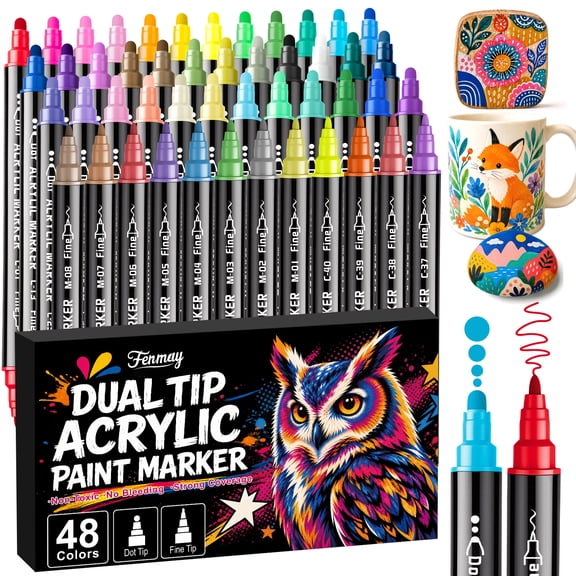 Fenmay 48 Pack Dual Tip Acrylic Paint Markers, Dot & 1mm Fine Point Paint Pens for Rock, Wood, Glass, Fabric, Canvas, Coloring Books, DIY Crafts, Classroom Art Supplies & Teacher Appreciation Gifts