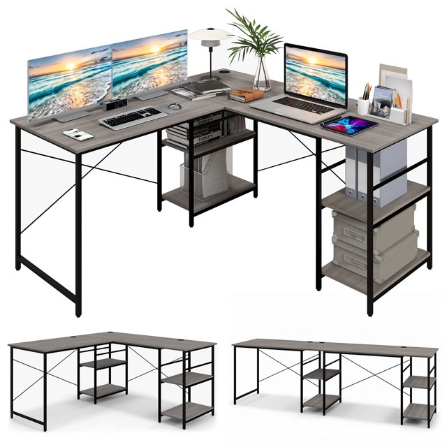 Patiojoy Large L-shaped Computer Desk 60" Convertible Corner Desk with 4 Storage Shelves 95" 2-Person Long Study Workstation Grey