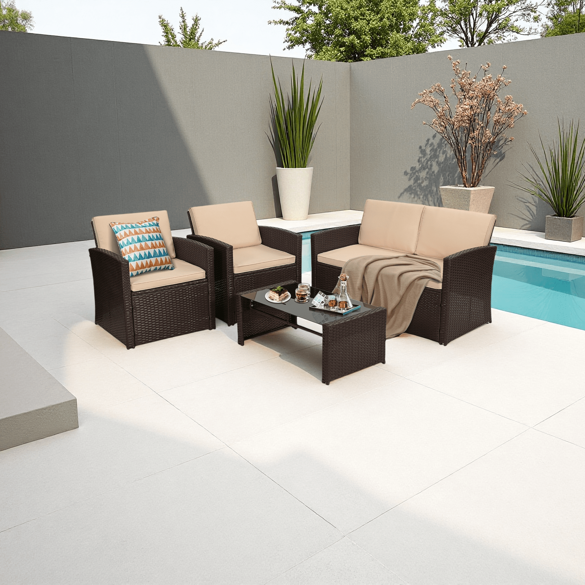 TUAREX Outdoor 4 Piece Wicker Patio Furniture Set, Waterproof Rattan Sectional Sofa with Thick Cushions, Perfect for Patio, Garden, Porch & Backyard, Brown Rattan and Beige Cushion