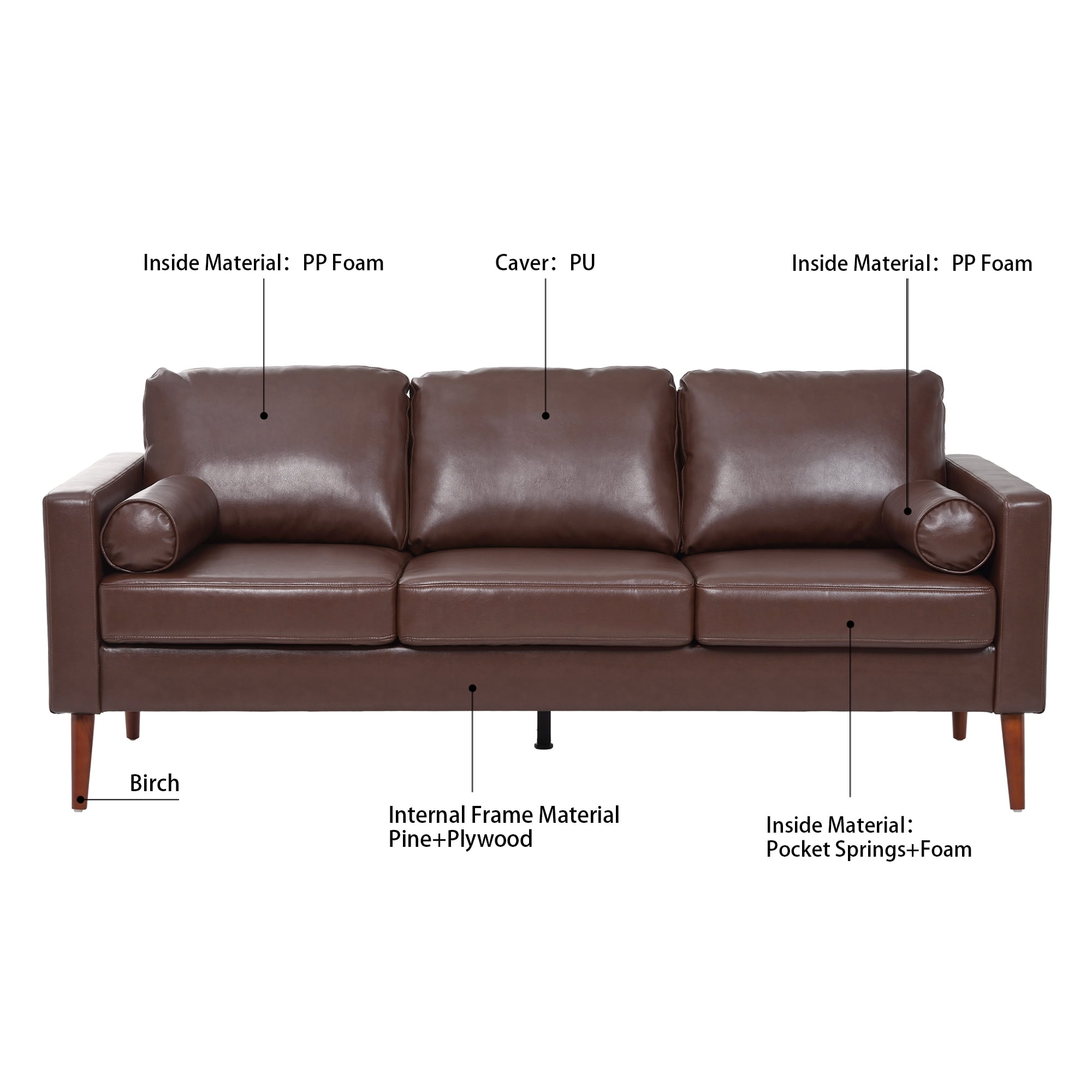 Hommoo PU Leather Sofa Couch, 3 Seat Comfy Couches, Mid Century Modern Couch for Home, Brown
