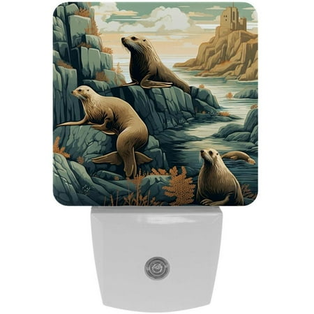 

Sea lion LED Square Night Lights - Energy Efficient and Stylish Decor for Any Room | Set of 2 Dimmable Bedside Lamps with Touch Control and Auto Timer