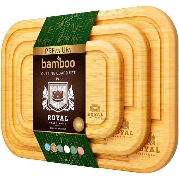 Royal Craft Wood Bamboo Cutting Board Set with Juice Groove (3Piece Set) Kitchen Chopping