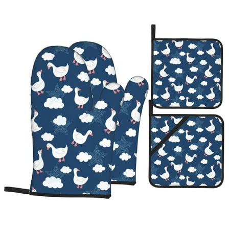 

Oven Mitts and Pot Holders Sets 4 pcs Cute Goose On Blue Sky Non-Slip Oven Gloves Potholders Soft Quilted Lining Heat Resistant Gloves Hot Pads for Kitchen Cooking Baking