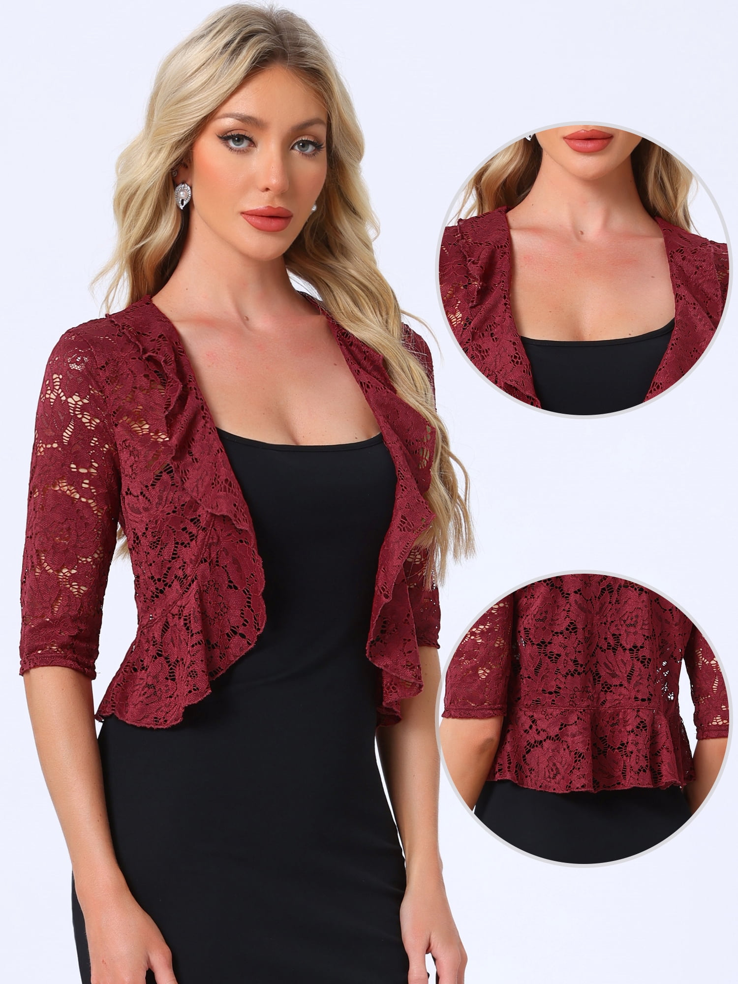 DARING DIVA Women's Lace Shrug Ruffle Cardigan Open Front Half Sleeve Bolero S Burgundy