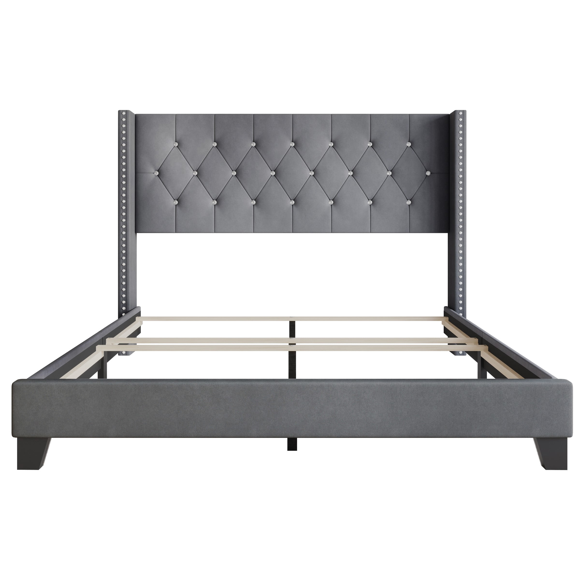 Home Design Monroe Twin Tufted Upholstered Wingback Panel Bed Frame with Diamond Tufting and Nailhead Trim for Adult Bedroom, Gray