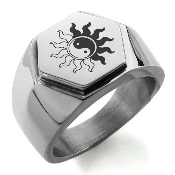 Stainless Steel Blazing Sun Yin Yang Engraved Hexagon Crest Flat Top Biker Style Polished Ring
