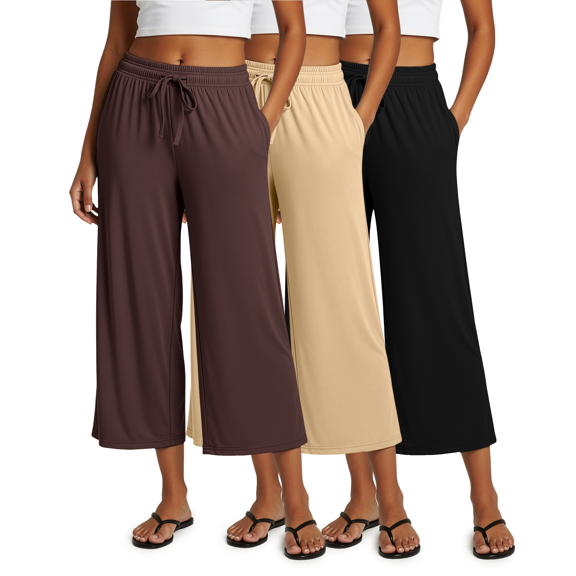 3 Pack Women's Capri Pants Gaucho Wide Leg High Waist Loose Crop Pockets