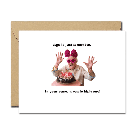 Funny 100th Birthday Card – Age is Just a Number with Playful Grandma Image – Blank Inside Envelope Included – Great Gift for Milestone Birthdays