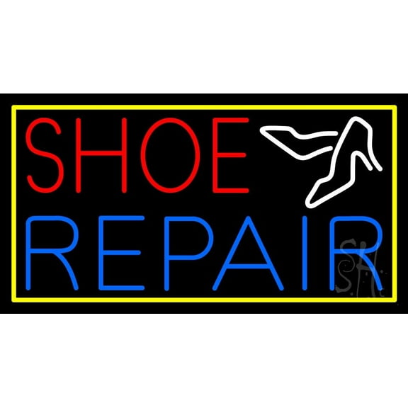 Red Shoe Blue Repair With Sandals LED Neon Sign 13 x 24 - inches, Black Square Cut Acrylic Backing, with Dimmer - Bright and Premium built indoor LED Neon Sign for store interior Décor, Storefront.