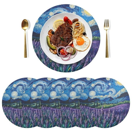 

Qxltty 15inch Round Placemats Set of 6 Polyester Fabric Heat Resistant Washable Table Mat for Kitchen Party Decor Lavender Starry Night