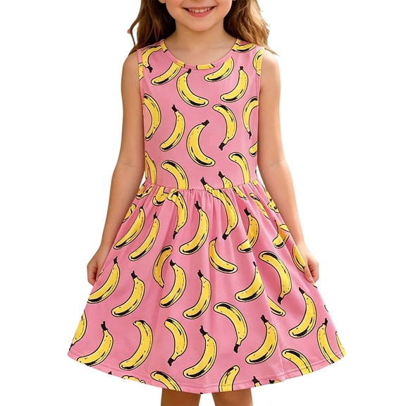 Kiijoy Toddler Girls Banana Print Sundress Casual Sleeveless Skater Dress with Pockets