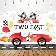 Two Fast 2nd Birthday Backdrop for Photography Boho Watercolor Red Race Car Balloons Cup Cool Cartoon Clouds Flags Boy Bday Party Decorations Photoshoot Background Photo Booth Studio