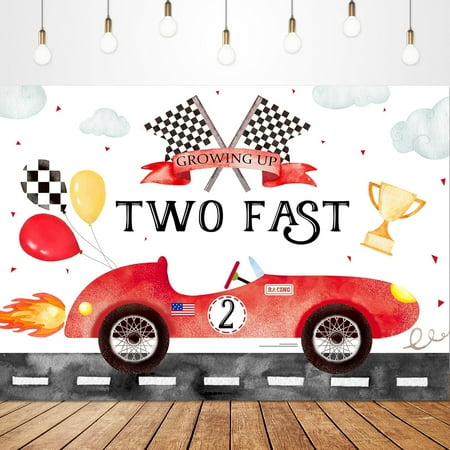 Two Fast 2nd Birthday Backdrop for Photography Boho Watercolor Red Race Car Balloons Cup Cool Cartoon Clouds Flags Boy Bday Party Decorations Photoshoot Background Photo Booth Studio