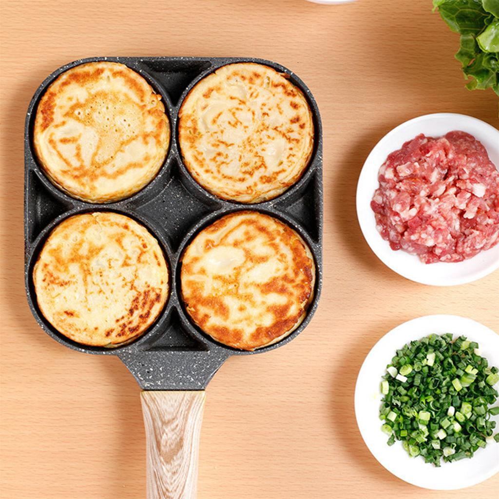 WE-POLUJ 4 Holes Egg Frying Pan Breakfast Burger Steak Non Stick Cooker with Wood Handle
