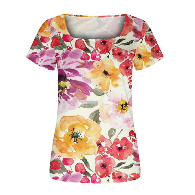  Women Summer Tops Plus Size Hide Belly Tunics Short Sleeve T  Shirts Floral Print Tshirt Dressy Flowy Blouses Tees : Clothing, Shoes &  Jewelry