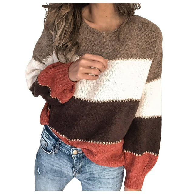 GDREDA Women's Sweaters Casual Long Sleeve Crewneck Color Block Patchwork Pullover Knit Sweater Tops Orange,XXL