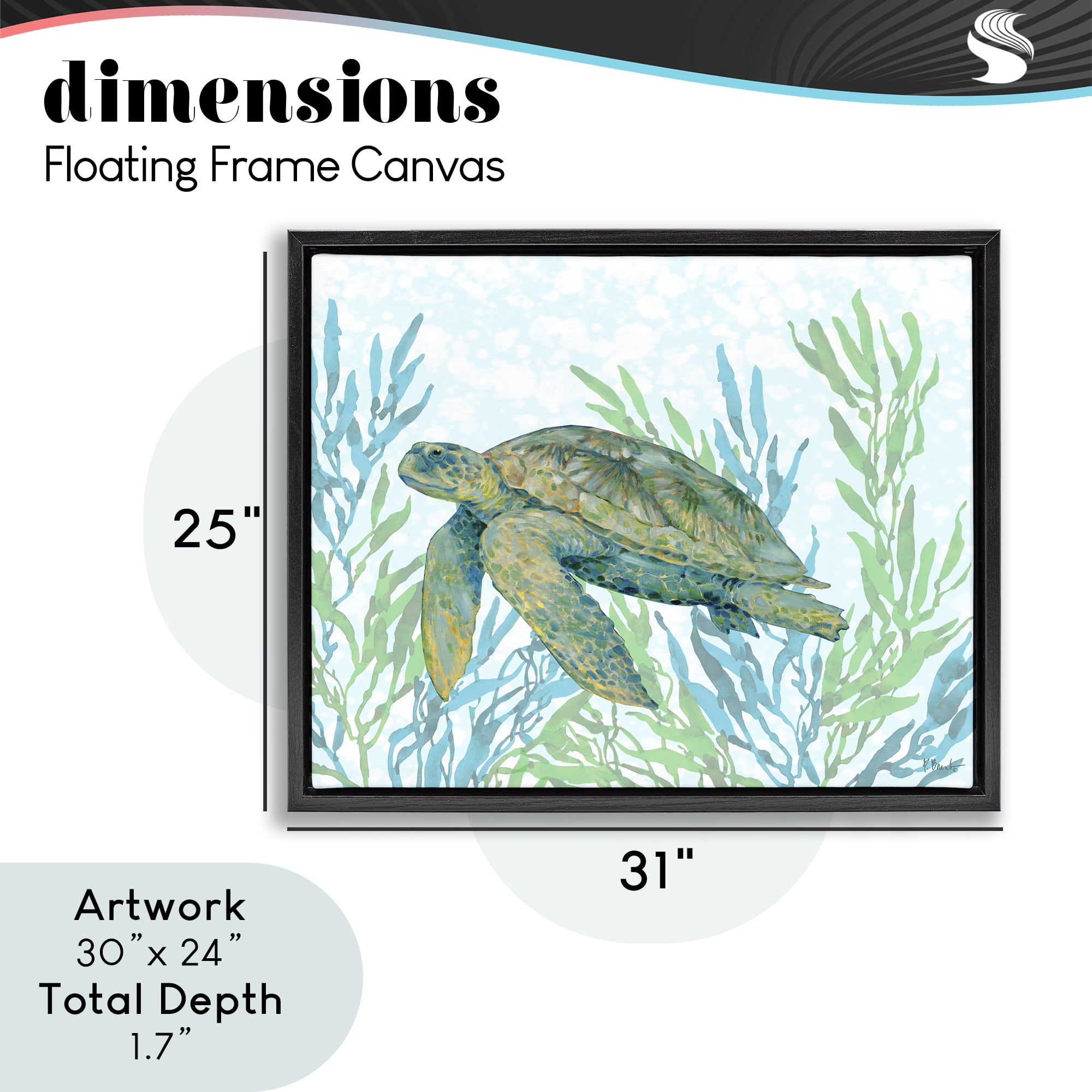 Stupell Industries Tasman Turtle in Seagrass Black Framed Floater Canvas Wall Art, design by Paul Brent