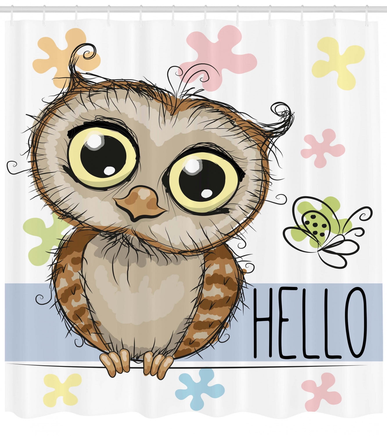 Owls Home Decor Shower Curtain Set Cartoon Owl And A Butterfly On A Floral Background With Hello Message Illustration Bathroom Accessories 69w X 70l Inches By Ambesonne Walmart Com Walmart Com