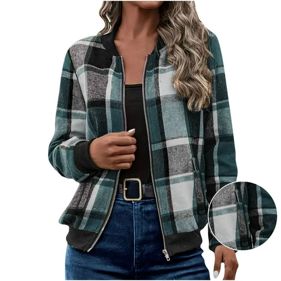 ZVNAΖH Womens Elegant Plaid Baseball Jacket Fashion Streetwear Full Zip Up Bomber Jacket 2025 Fall Short Outerwear with Pockets
