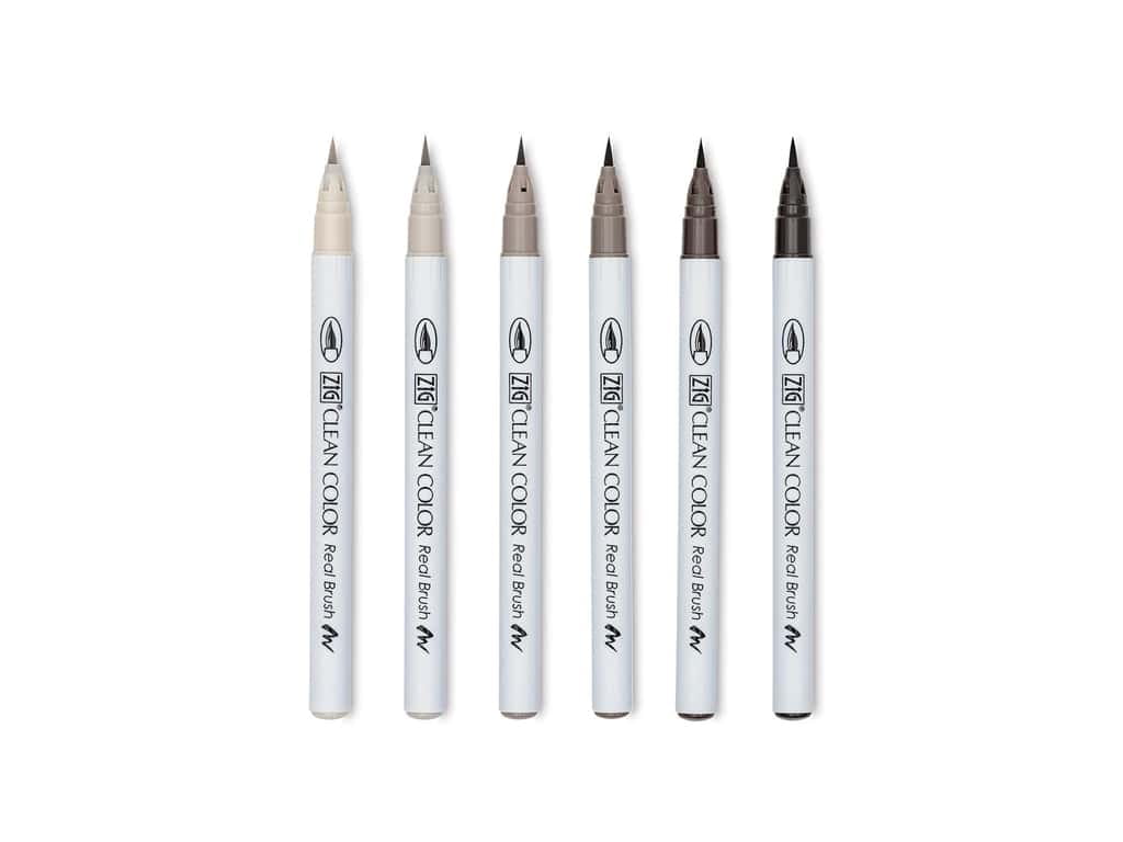 Kuretake Zig Clean Color Real Brush Pens - Set of 6, Warm Grey