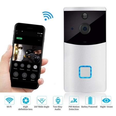 Reactionnx Wi-Fi Enabled Wireless Video Doorbell with HD 720P Camera Image, Night Vision, Motion Detetion Compatible with IOS/Android Smartphone APP Control (Two Rechargeable Batteries, USB