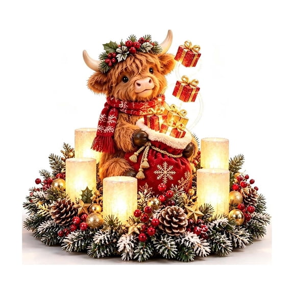 Christmas Highland Cow Centerpiece, Rustic Holiday Table Decor With Warm LED Lights For Mantel Home Decoration