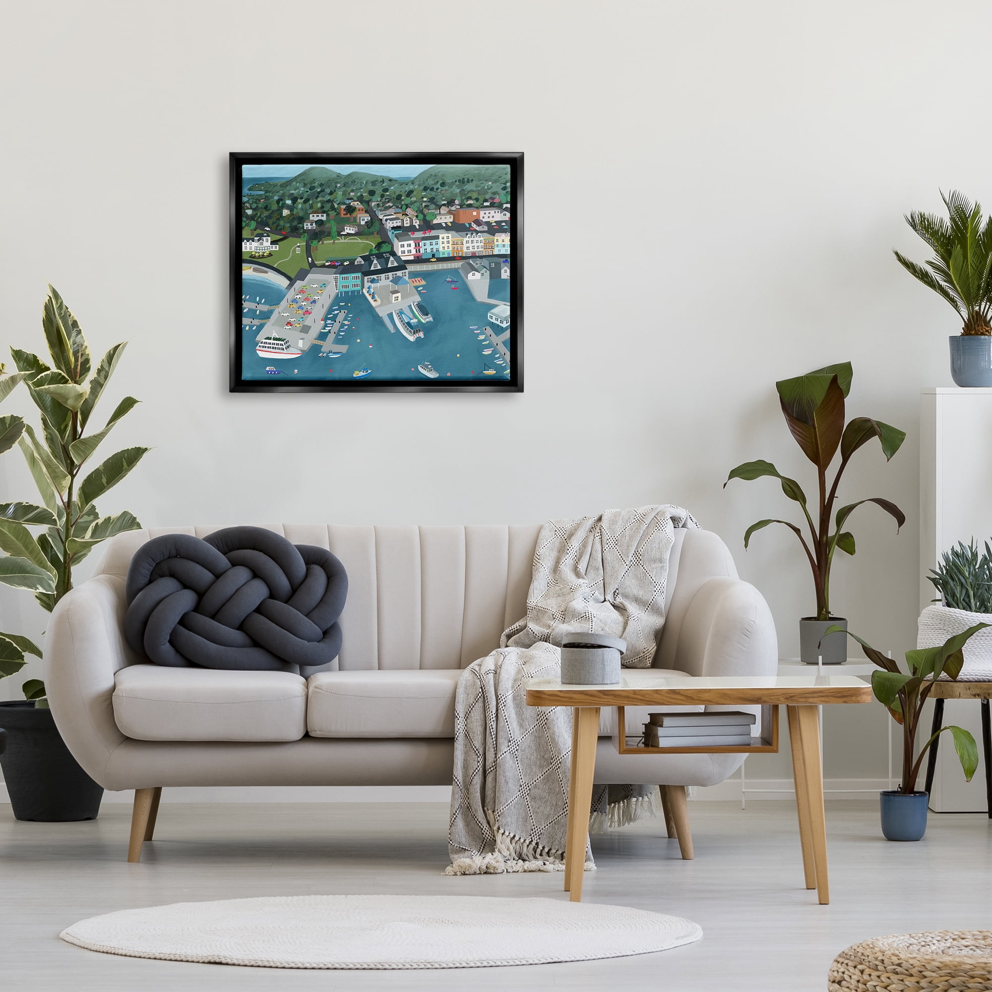 Stupell Industries Bar Harbor Port Town View Landscape Painting Black Floater Framed Art Print Wall Art