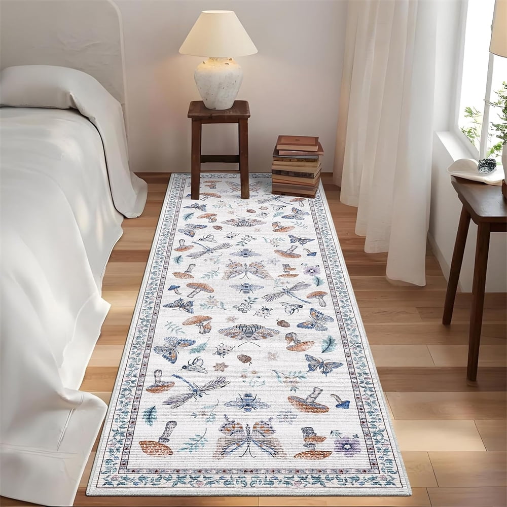 Washable Runner Rug Modern Insect Floral Print Area Rug Mushroom Carpet for Kitchen Stain Resistant Carpet with Non-Slip Backing Low Pile Floor Cover for Hallway Laundry Bedroom