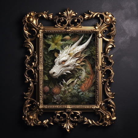 Mystical Green Dragon Wall Art Print With Goblincore Dark Fairycore Floral Decor