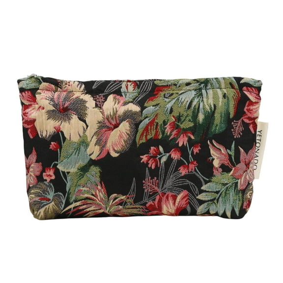 Unique Bargains 1 Pc Multifunctional Flower Handheld Makeup Bag for Vacation Large Black Green Polyester