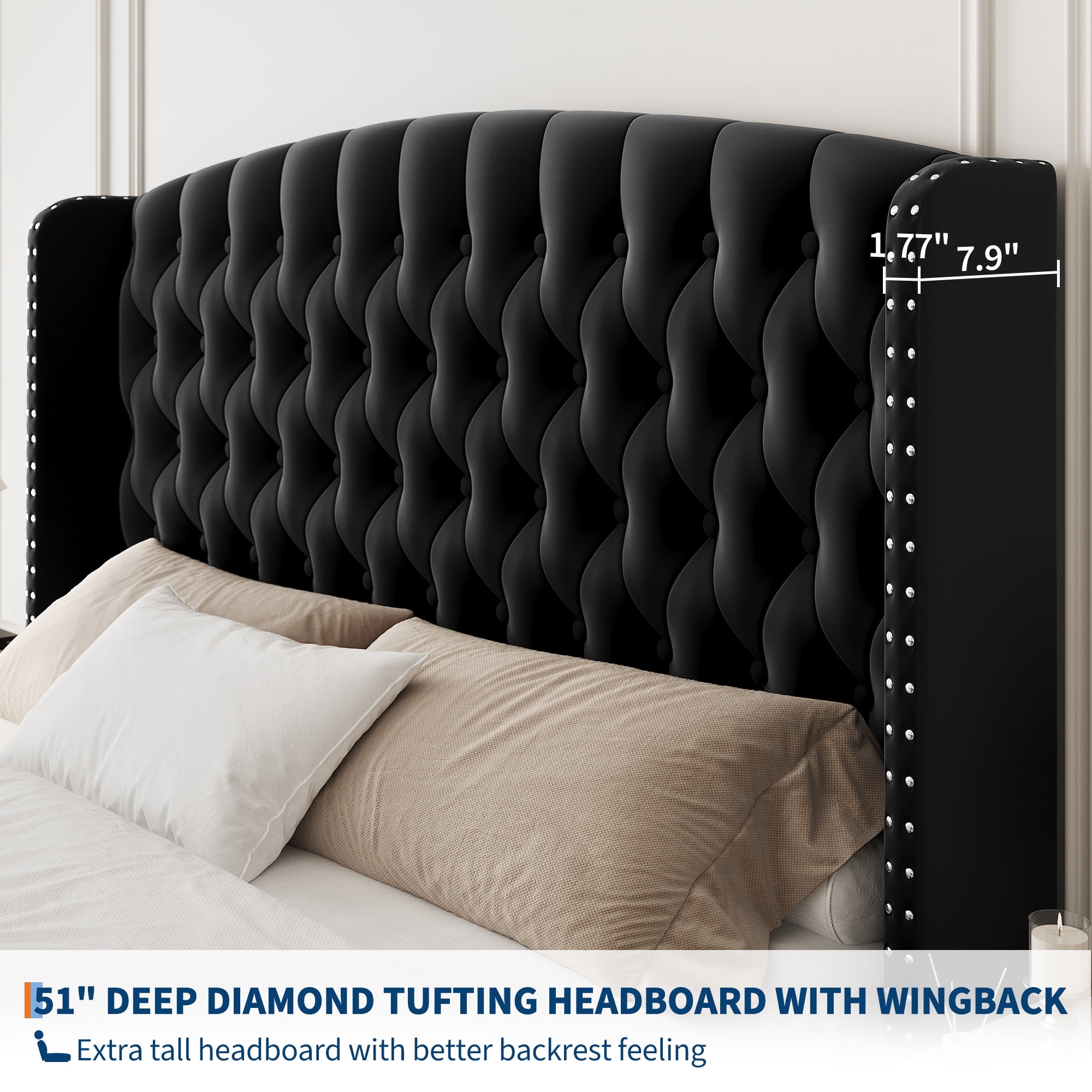 Velvet King Size Bed Frame with Tufted Wingback Headboard, 51” Tall Platform Bed, No Box Spring Needed, Easy Assembly, Black